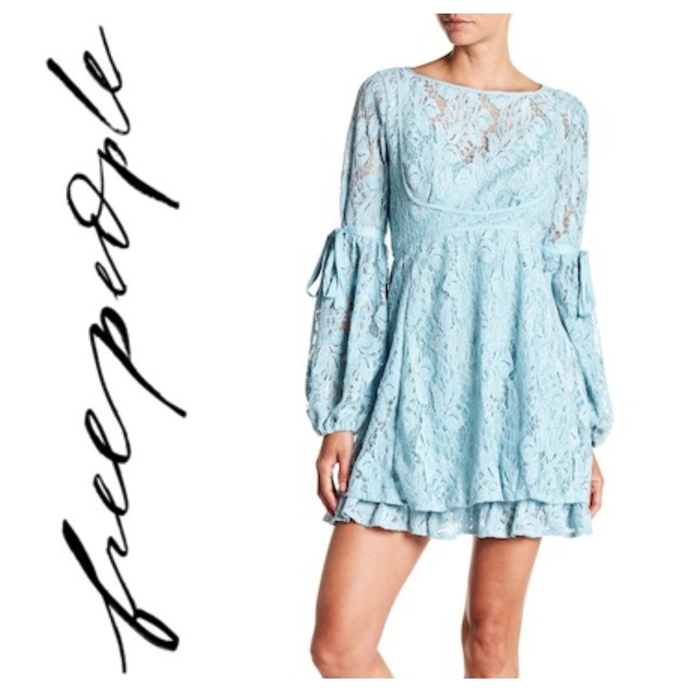 Free People Ruby Lace Crochet Mini Dress Blue